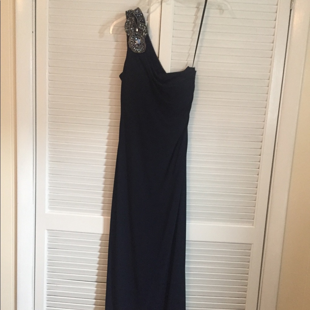 Navy, one shoulder beaded long evening gown